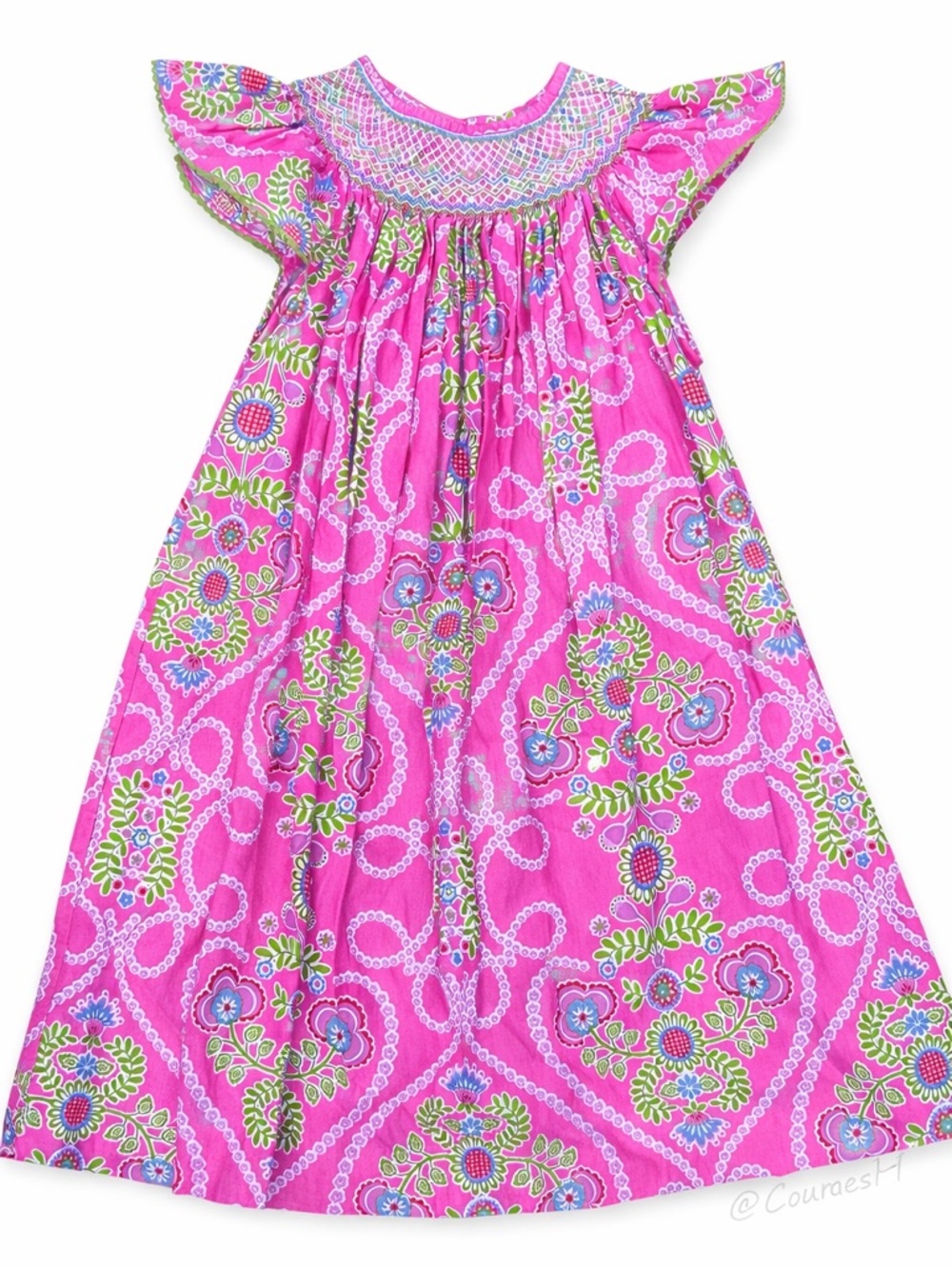 Anavini Hand Smocked Bishop Dress Girls Size 8 Pink Floral Paisley Boutique